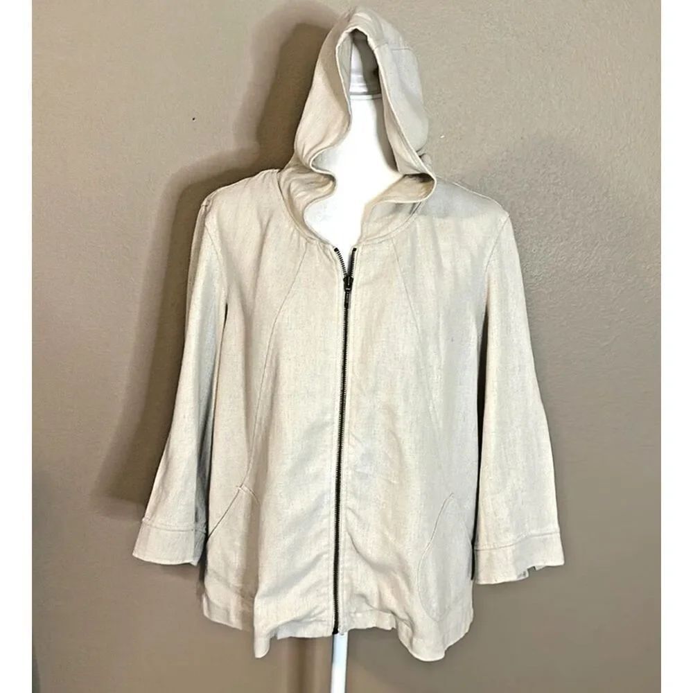 Coldwater Creek Jacket Large Hooded Zip Up Beige Linen Minimalist Japanese